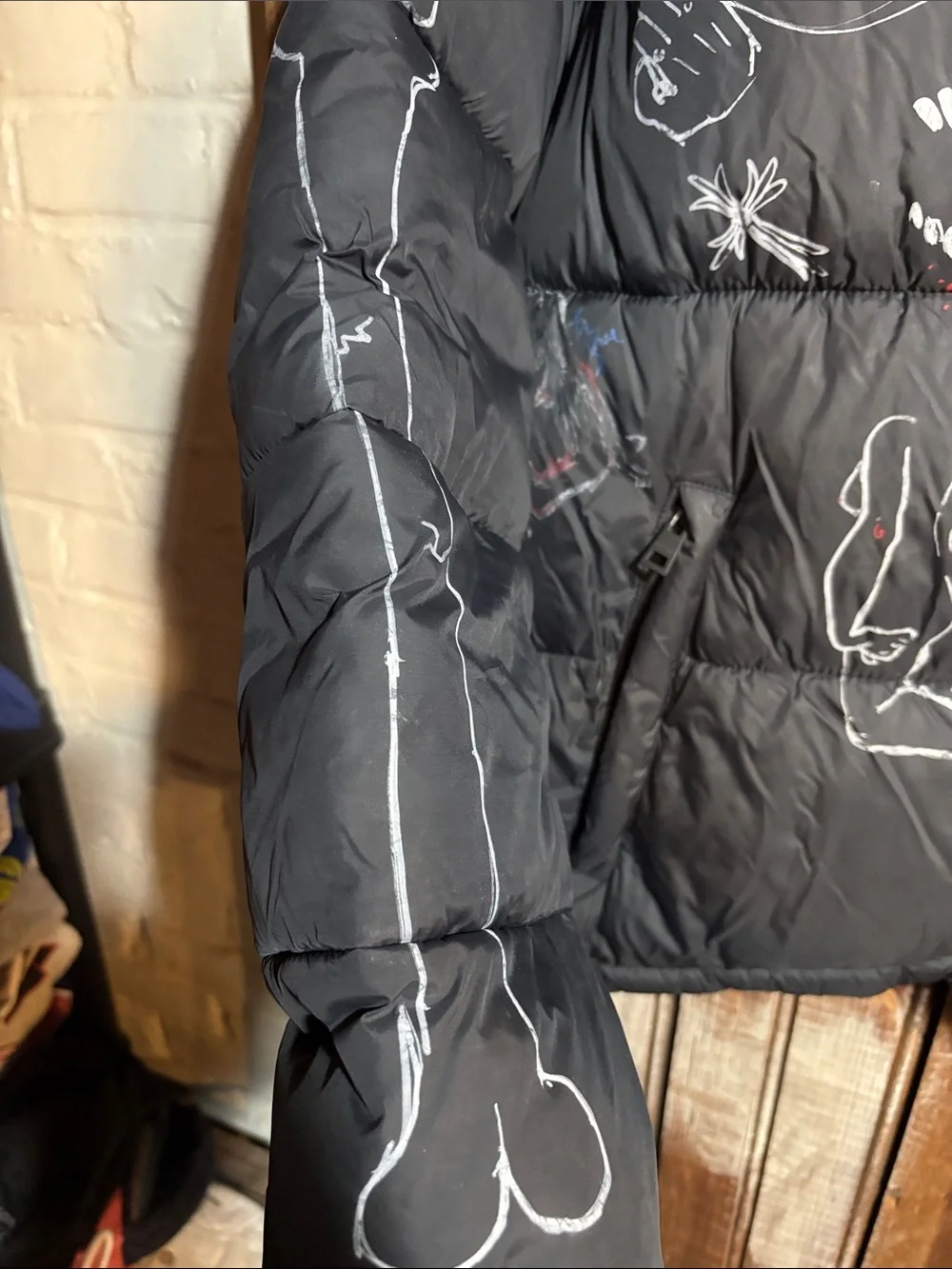ZARA Black Puffer Jacket with White & Red Custom Painted Graphics